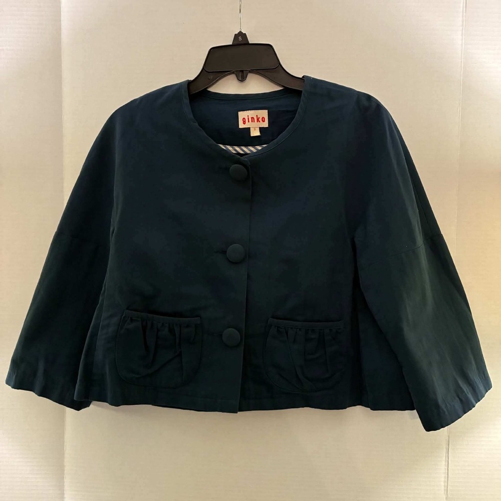 Ginko Cropped Jacket Womens S Teal Blue Cotton Blend Boxy Button Front Artsy